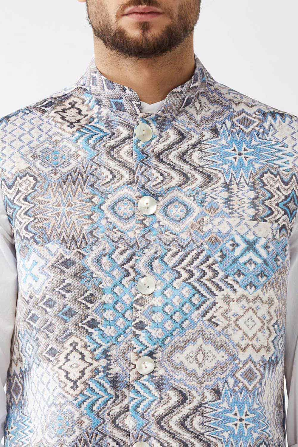 Buy Men's Satin Abstract Printed Nehru Jacket in Grey - Side