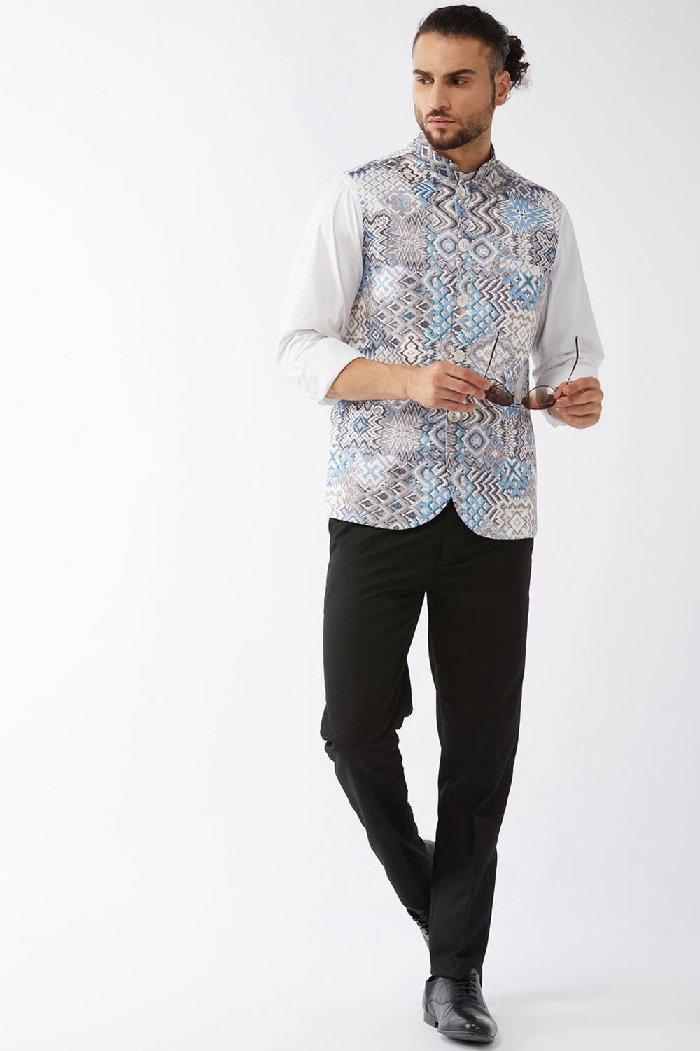 Buy Men's Satin Abstract Printed Nehru Jacket in Grey - Online