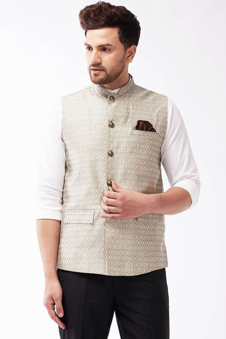 Buy Men's Blended Silk Woven Nehru Jacket in Beige