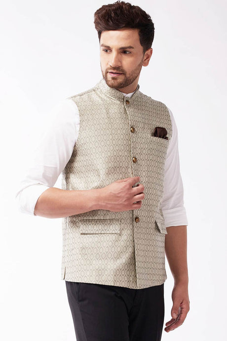 Buy Men's Blended Silk Woven Nehru Jacket in Beige - Front