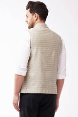 Buy Men's Blended Silk Woven Nehru Jacket in Beige - Back