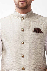 Buy Men's Blended Silk Woven Nehru Jacket in Beige - Side