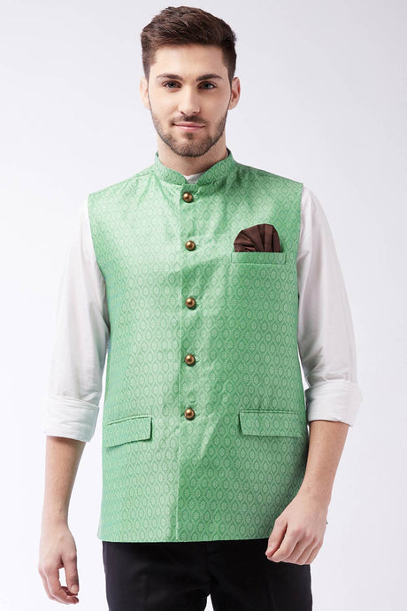 Green Art Silk Nehru Jacket for Men's