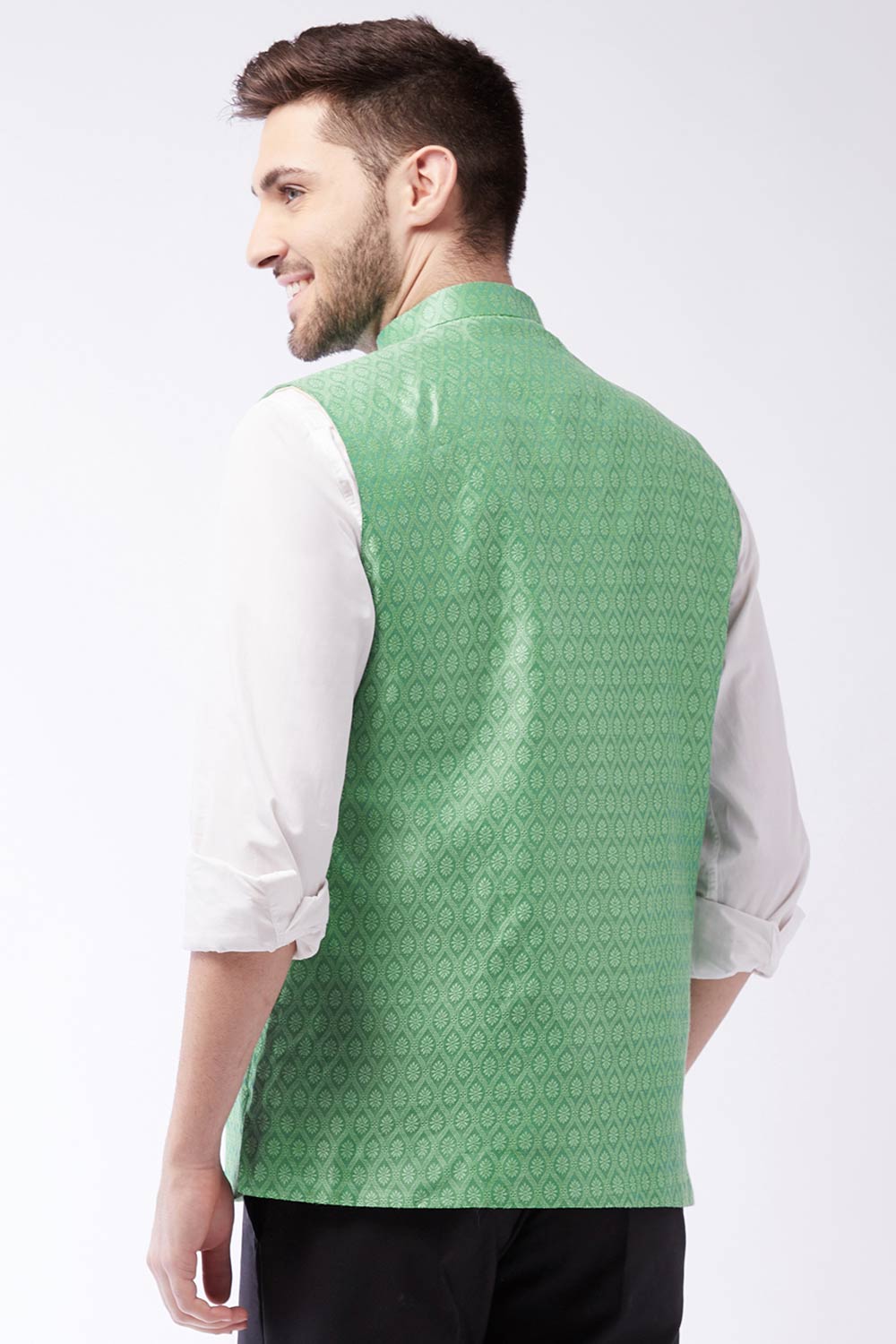 Woven Green Nehru Jacket for Casual Wear