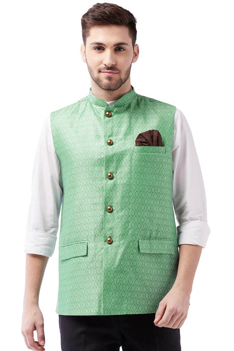 Buy Art Silk Woven Nehru Jacket in Green