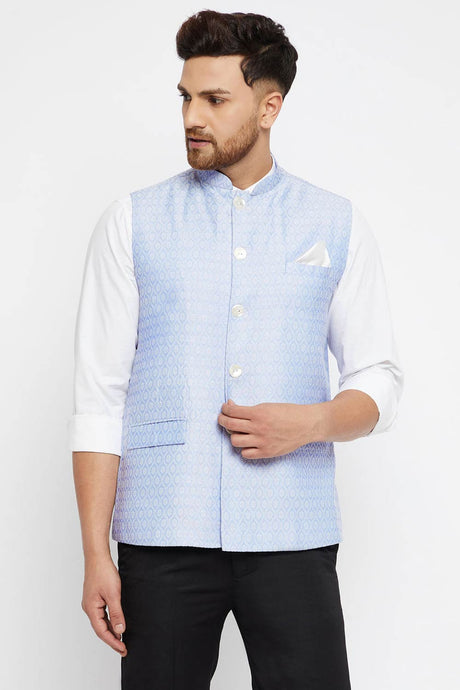 Buy Men's Blended Silk Woven Nehru Jacket in Light Blue