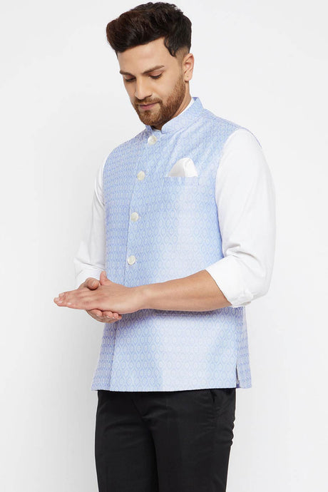 Buy Men's Blended Silk Woven Nehru Jacket in Light Blue - Front