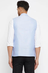 Buy Men's Blended Silk Woven Nehru Jacket in Light Blue - Back