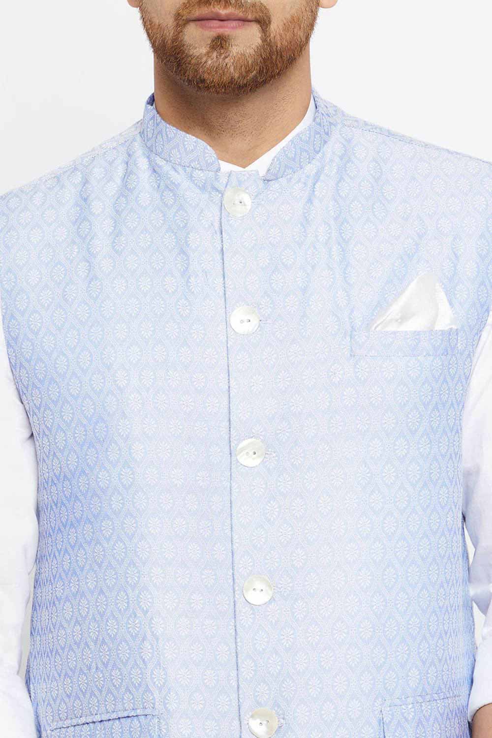 Buy Men's Blended Silk Woven Nehru Jacket in Light Blue - Side