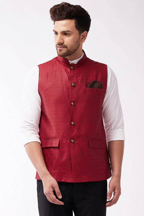 Buy Men's Blended Silk Woven Nehru Jacket in Maroon