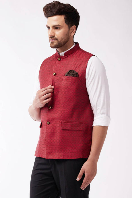 Buy Men's Blended Silk Woven Nehru Jacket in Maroon - Front