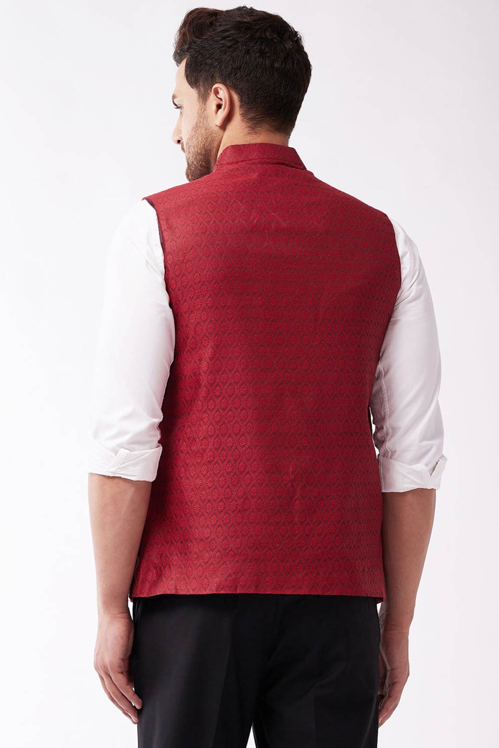 Buy Men's Blended Silk Woven Nehru Jacket in Maroon - Back