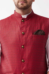 Buy Men's Blended Silk Woven Nehru Jacket in Maroon - Side
