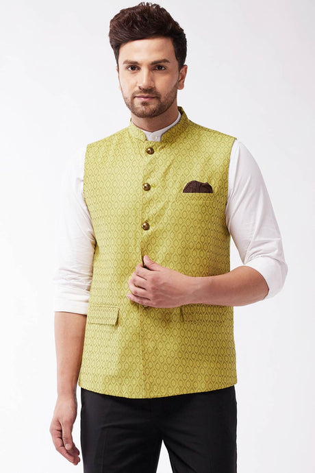 Buy Men's Blended Silk Woven Nehru Jacket in Yellow
