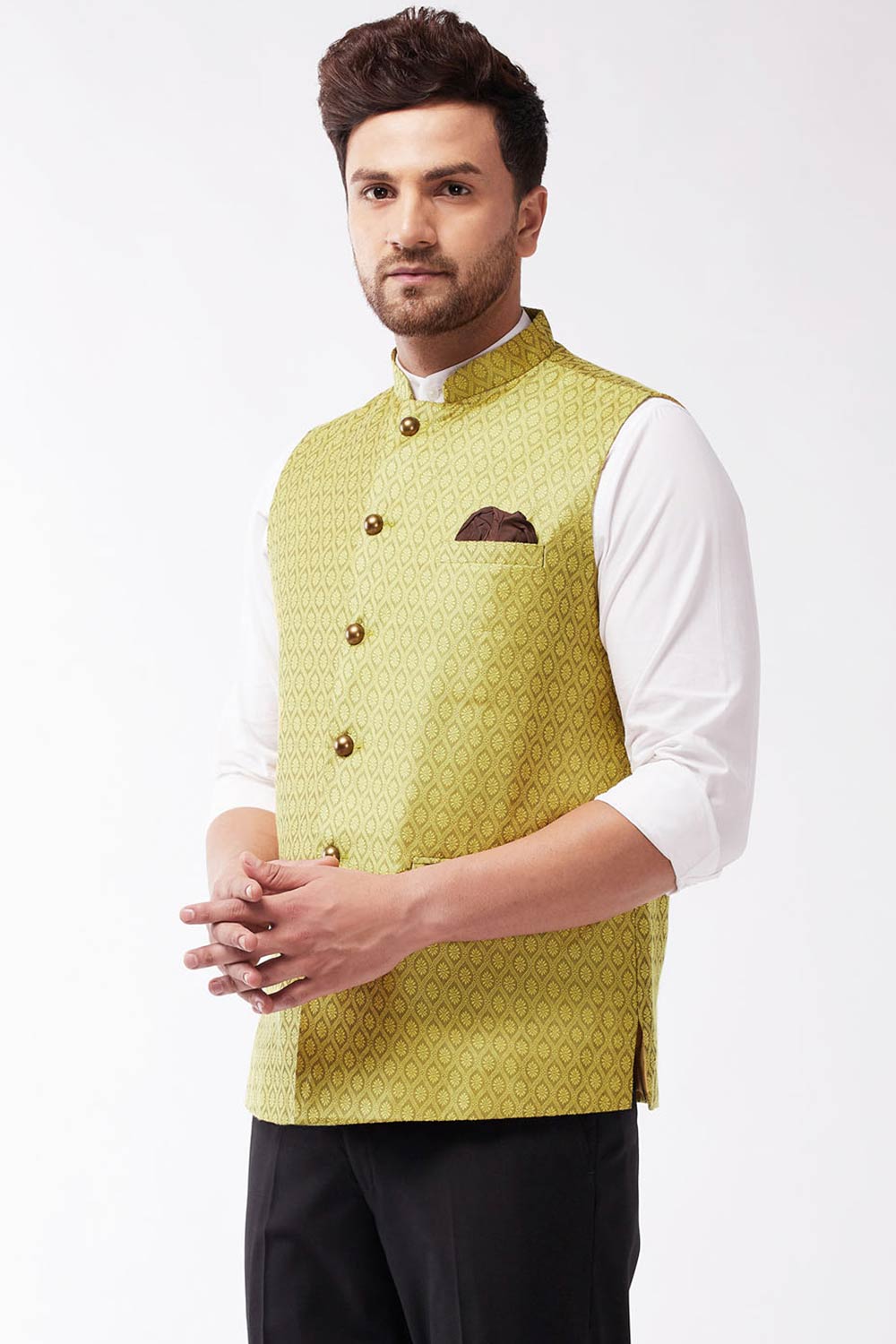 Buy Men's Blended Silk Woven Nehru Jacket in Yellow - Front