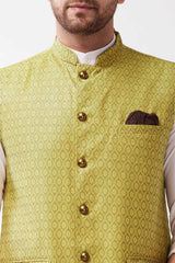 Buy Men's Blended Silk Woven Nehru Jacket in Yellow - Side