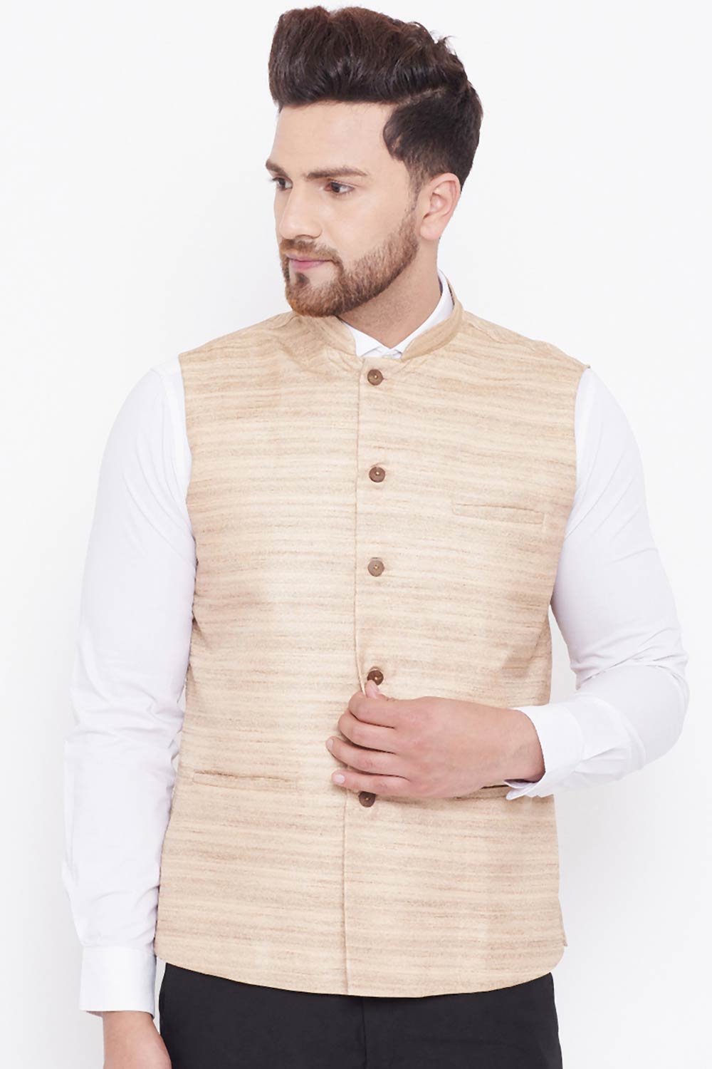 Beige Art Silk Nehru Jacket for Men's