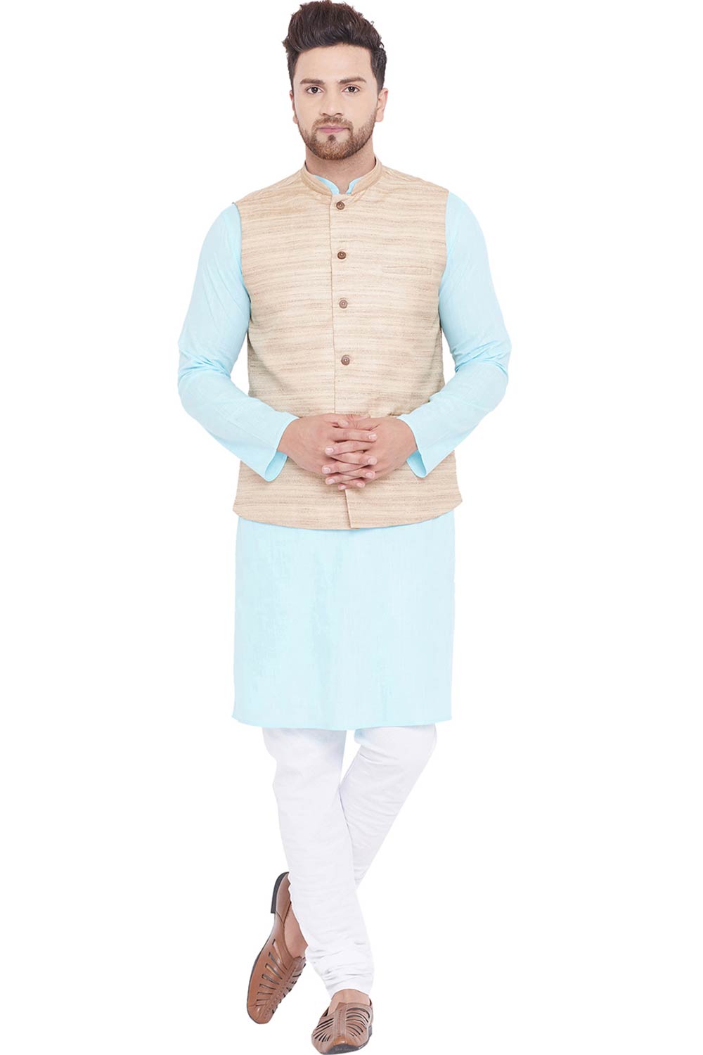 Buy Men's Blended Cotton Solid Kurta and Pyjama Set in Aqua