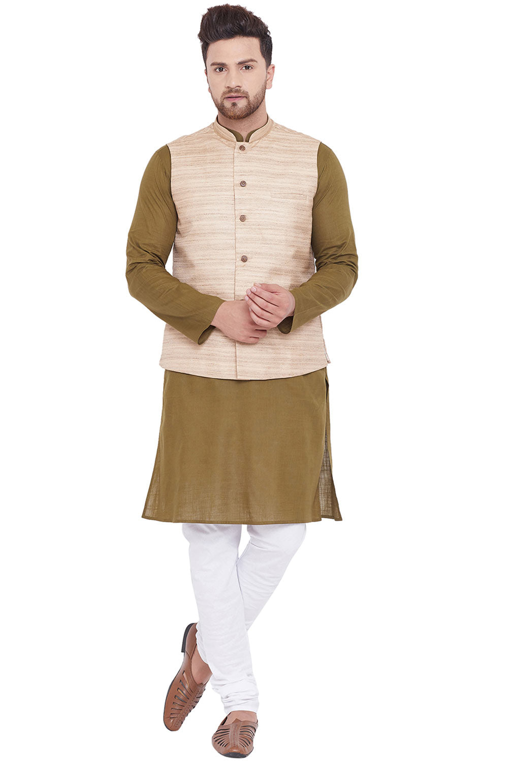 Buy Men's Blended Cotton Solid Kurta and Pyjama Set in Mehendi Green