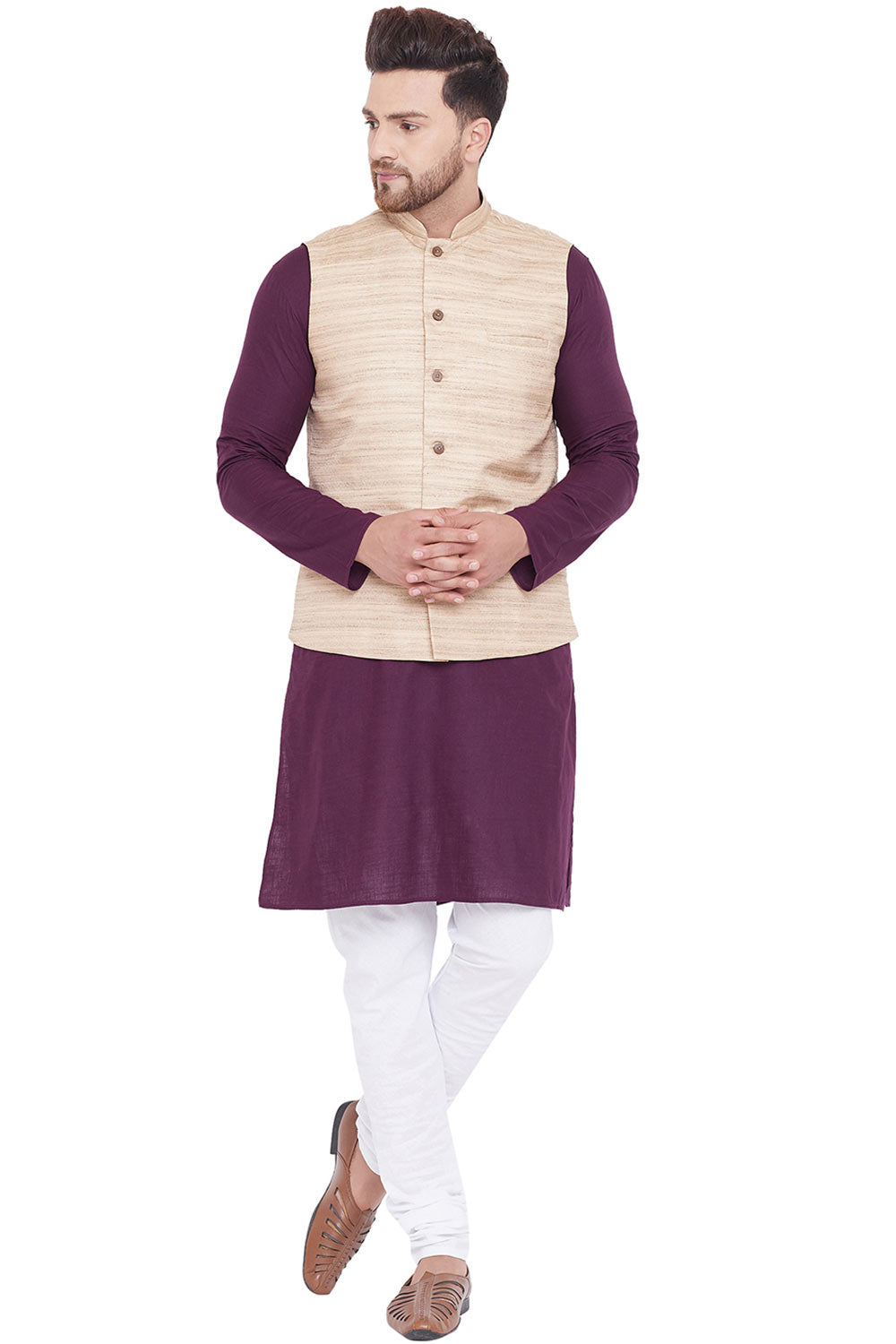 Buy Men's Blended Cotton Solid Kurta and Pyjama Set in Purple