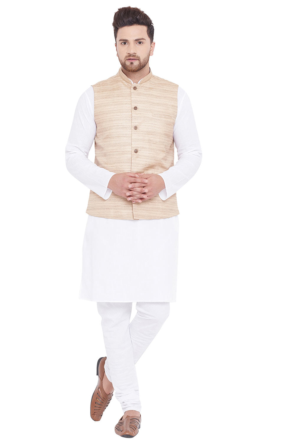 Buy Men's Blended Cotton Solid Kurta and Pyjama Set in White