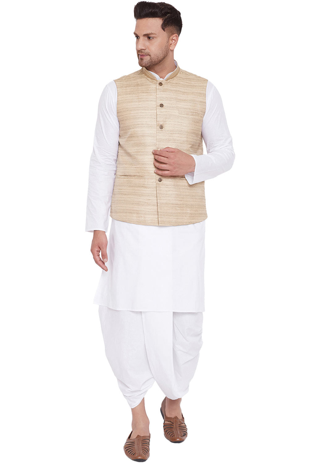 Buy Men's Blended Cotton Solid Kurta and Dhoti Set in White