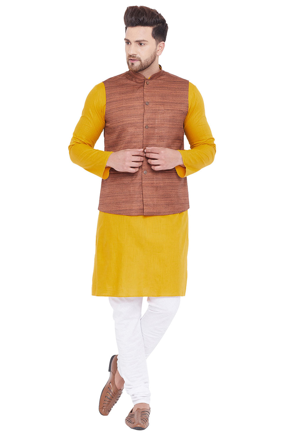 Buy Men's Blended Cotton Solid Kurta and Pyjama Set in Mustard