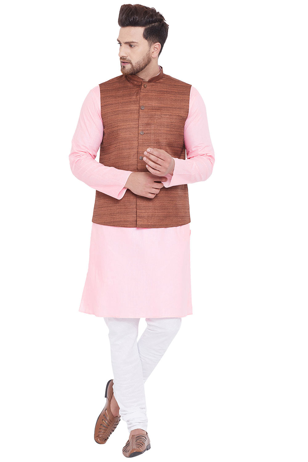 Buy Men's Blended Cotton Solid Kurta and Pyjama Set in Pink