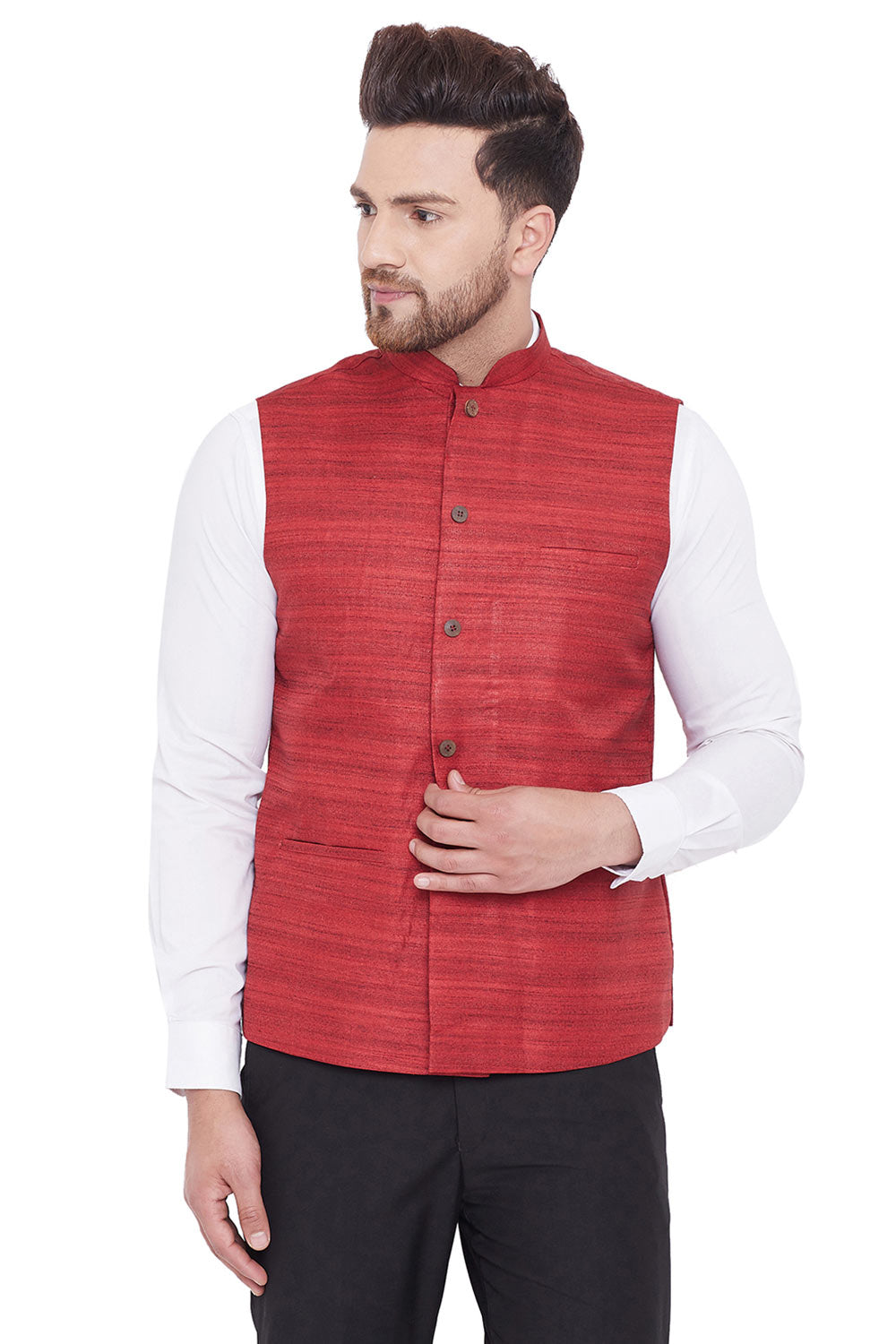 Buy Art Silk Stripe Nehru Jacket in Maroon