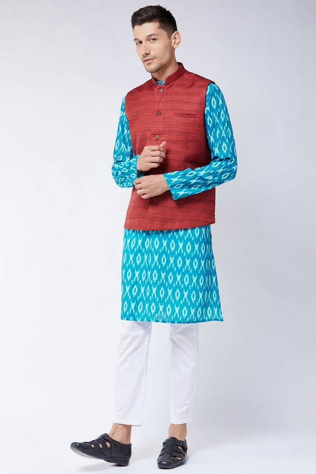 Buy Men's blended Cotton Ikkat Printed Kurta Set in Turquoise