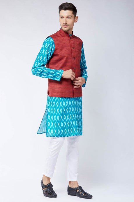 Buy Men's blended Cotton Ikkat Printed Kurta Set in Turquoise - Front