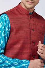 Buy Men's blended Cotton Ikkat Printed Kurta Set in Turquoise - Side