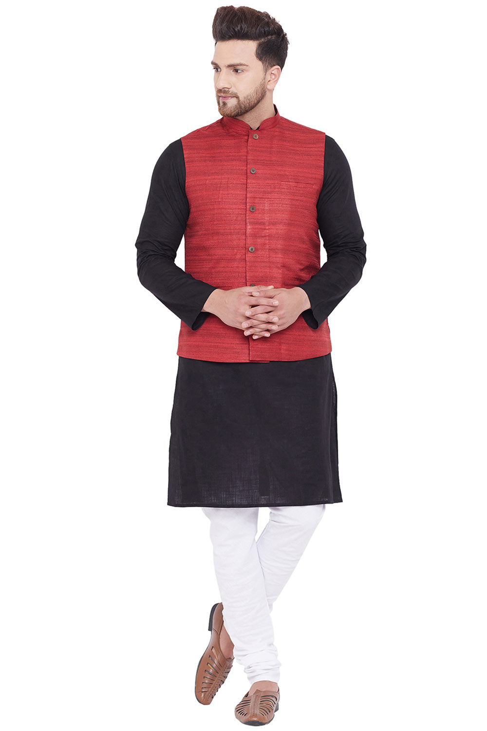 Buy Men's Blended Cotton Solid Kurta and Pyjama Set in Black