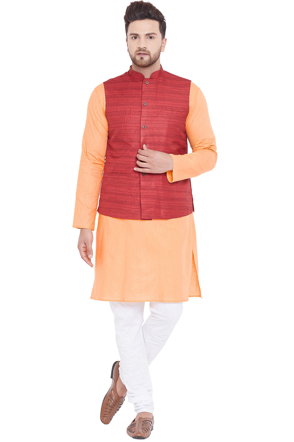 Buy Men's Blended Cotton Solid Kurta and Pyjama Set in Orange