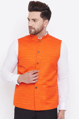 Orange Art Silk Nehru Jacket for Men's