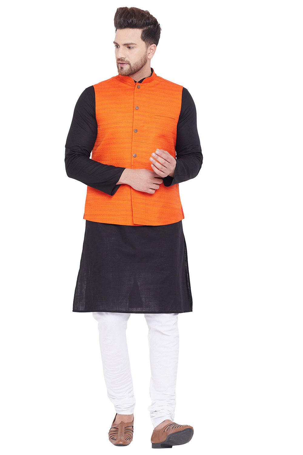 Buy Men's Blended Cotton Solid Kurta and Pyjama Set in Black