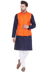 Buy Men's Blended Cotton Solid Kurta and Pyjama Set in Navy Blue