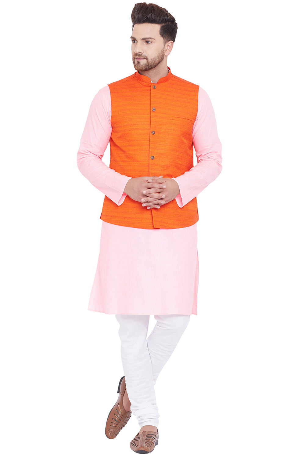 Buy Men's Blended Cotton Solid Kurta and Pyjama Set in Pink