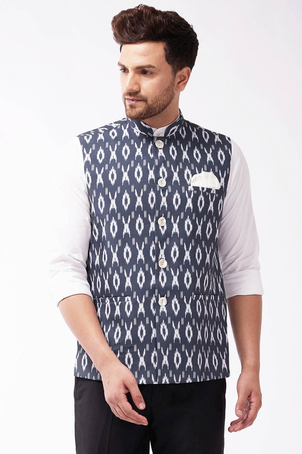 Printed Art Silk Nehru Jacket in Beige : MTX126