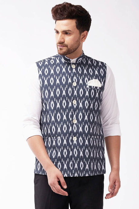 Buy Men's blended Cotton Ikkat Printed Nehru Jacket in Black