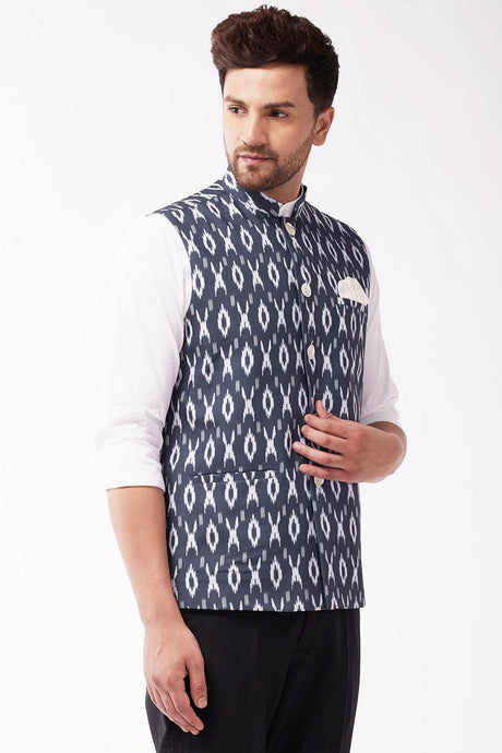 Buy Men's blended Cotton Ikkat Printed Nehru Jacket in Black - Front