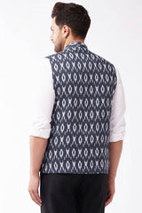 Buy Men's blended Cotton Ikkat Printed Nehru Jacket in Black - Back