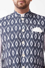 Buy Men's blended Cotton Ikkat Printed Nehru Jacket in Black - Side