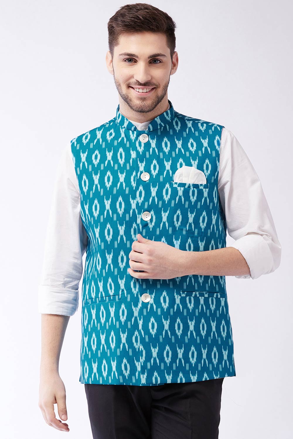 Buy Men's blended Cotton Ikkat Printed Nehru Jacket in Turquoise