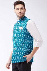 Buy Men's blended Cotton Ikkat Printed Nehru Jacket in Turquoise - Front