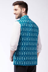 Buy Men's blended Cotton Ikkat Printed Nehru Jacket in Turquoise - Back