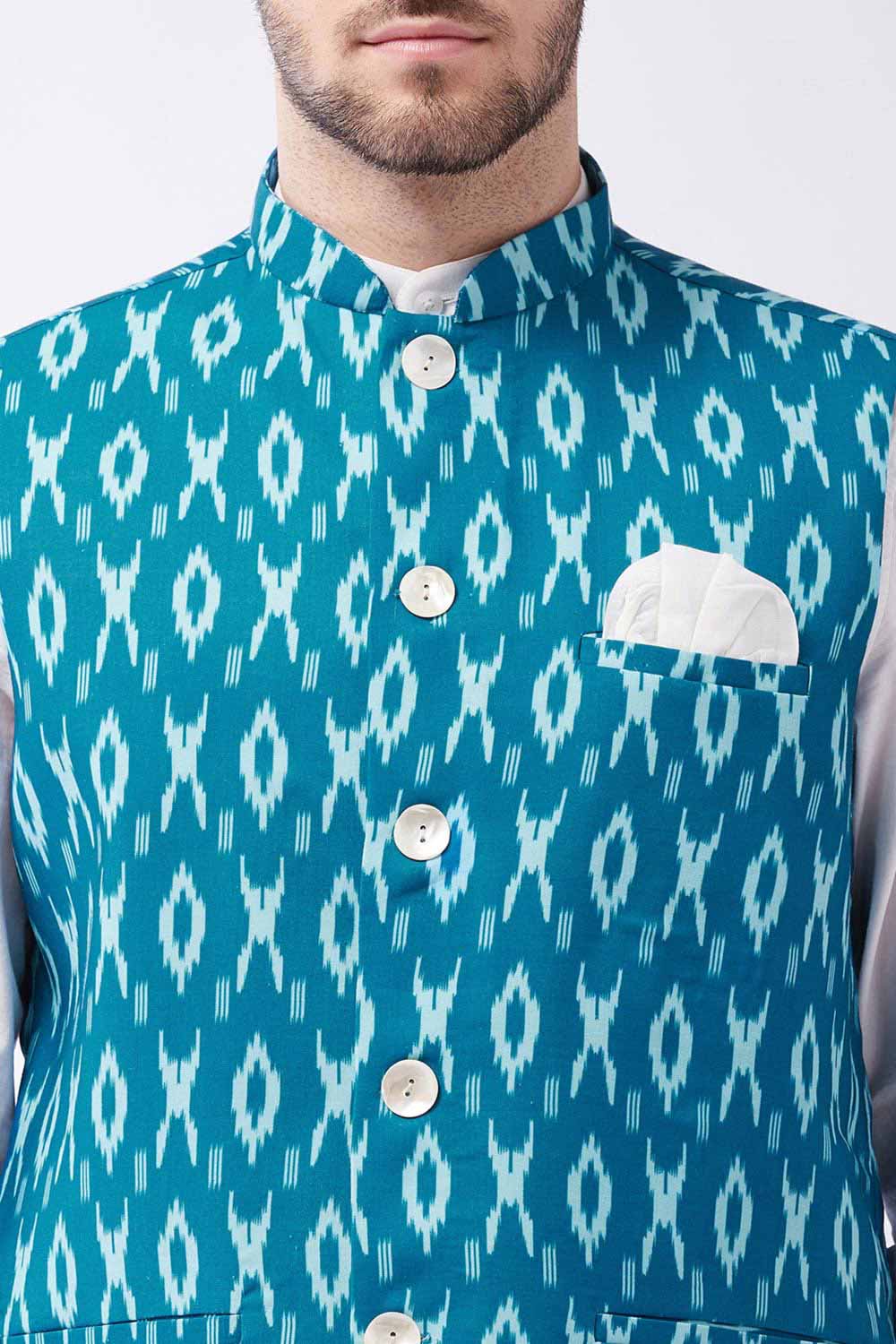 Buy Men's blended Cotton Ikkat Printed Nehru Jacket in Turquoise - Side