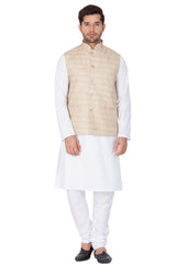 Men's Cotton Solid Kurta Modi Jacket And Pajama Set In White