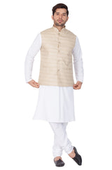 Men's Cotton Solid Kurta Modi Jacket And Pajama Set In White