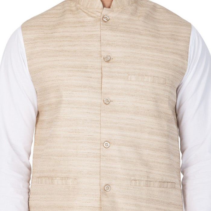 Men's Cotton Solid Kurta Modi Jacket And Pajama Set In White